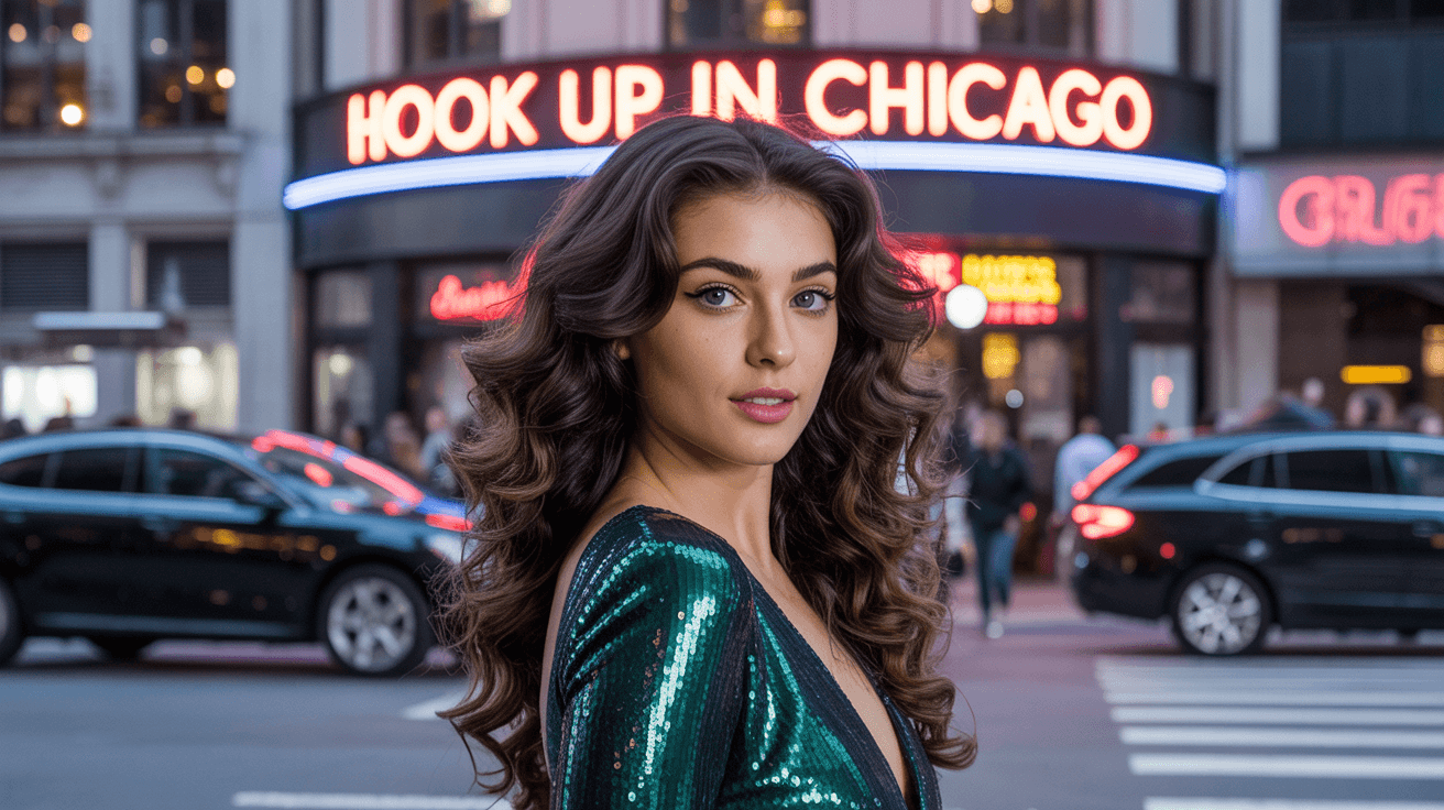 Beautiful girl from Chicago in sexy dress in front of a nightclub that have a sign "Hook up in Chicago"