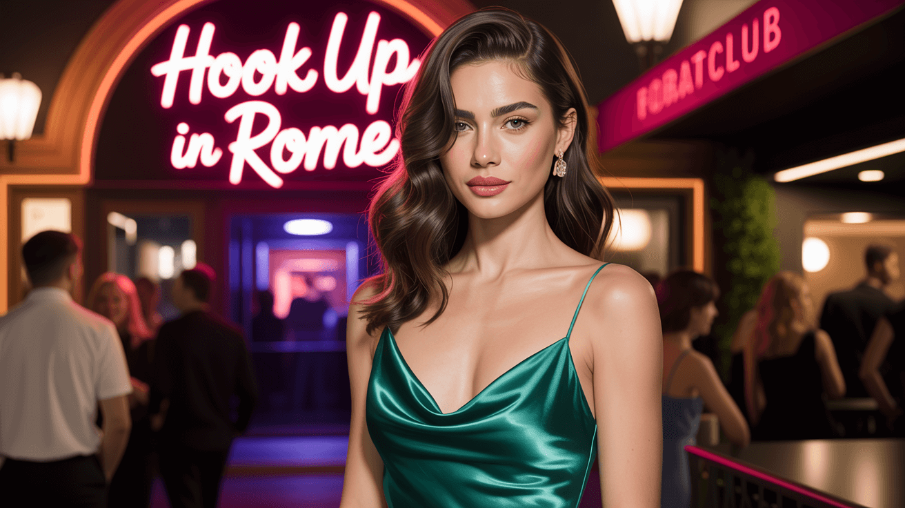Beautiful girl from Rome in sexy dress in front of a nightclub that have a sign Hook up in Rome