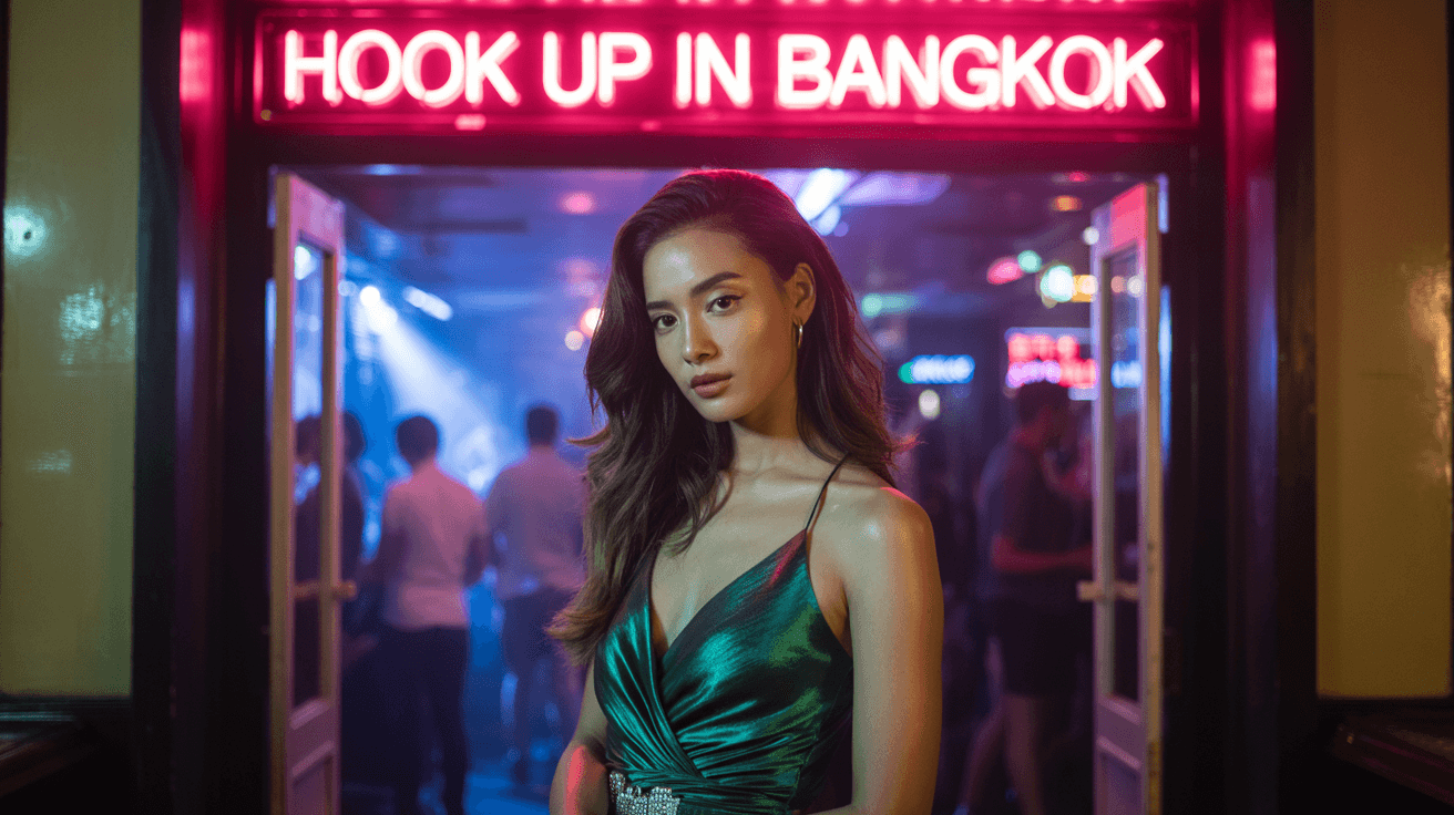 Beautiful girl from Bangkok in sexy dress in front of a nightclub that have a sign "Hook up in Bangkok"