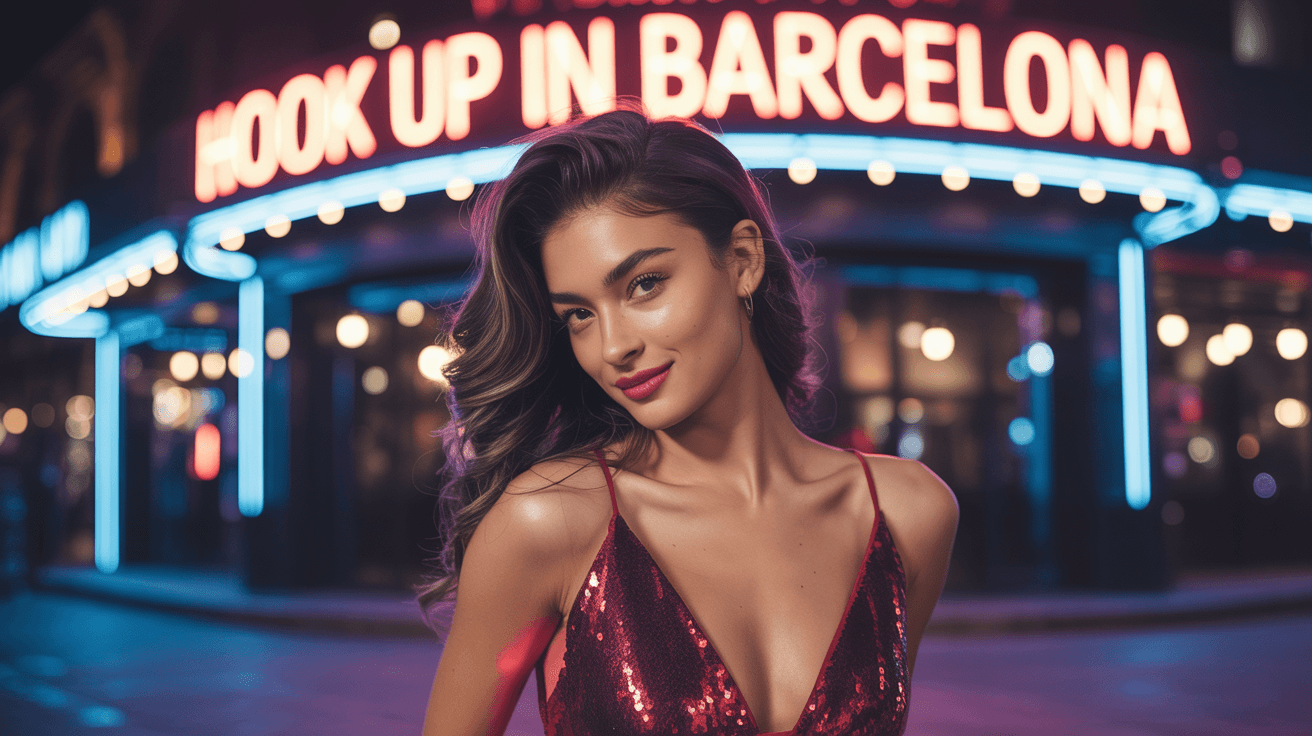 Beautiful girl from Barcelona in sexy dress in front of a nightclub that have a sign Hook up in Barcelona