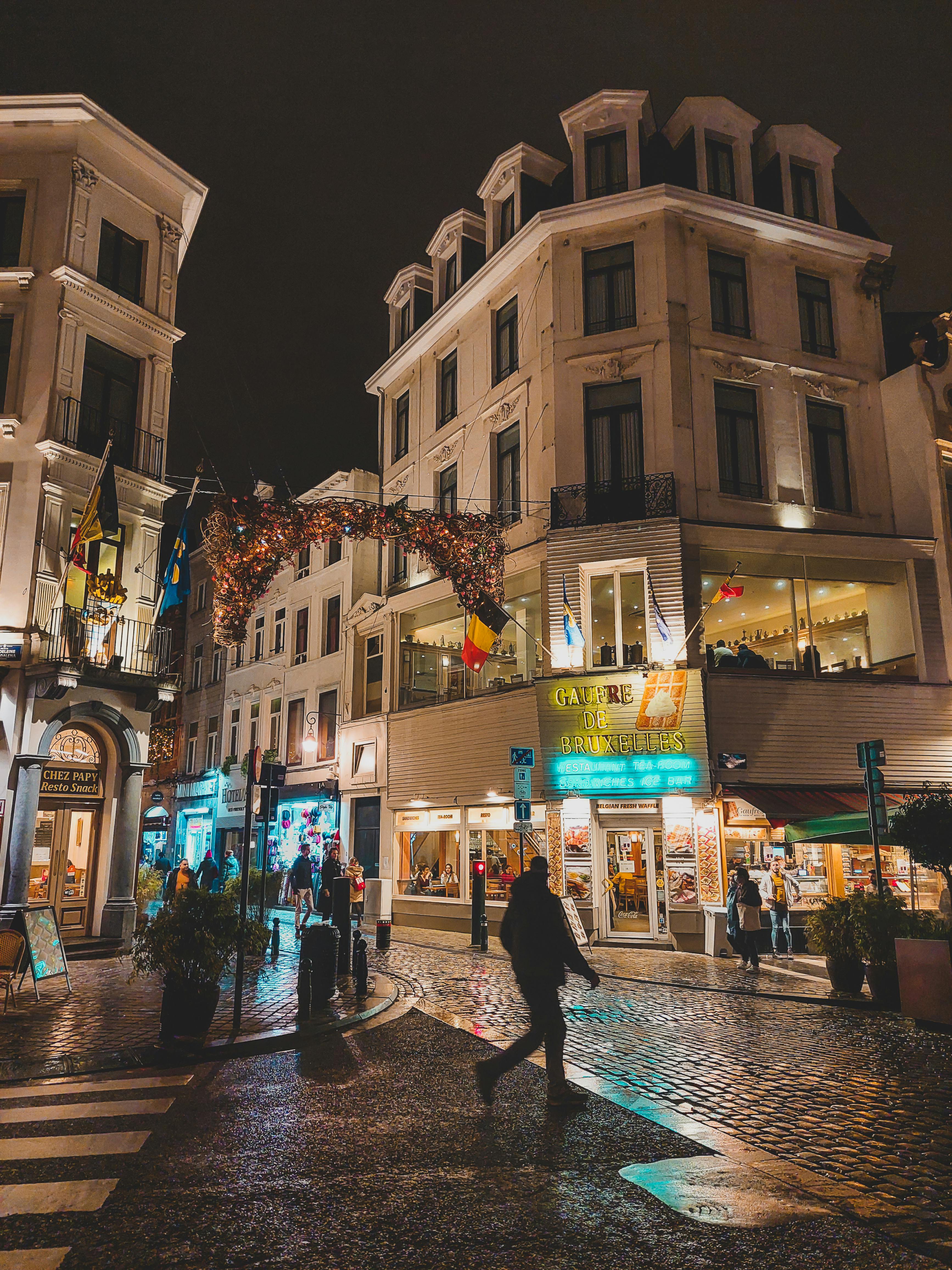 Brussels street at night