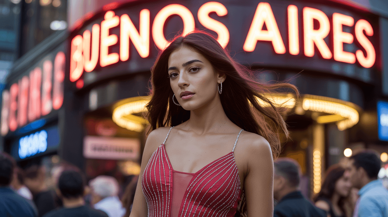 Beautiful girl from Buenos Aires in sexy dress in front of a nightclub that have a sign Buenos Aires