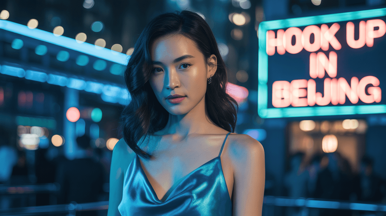 Beautiful girl from Beijing in sexy dress in front of a nightclub that have a sign "Hook up in Beijing"