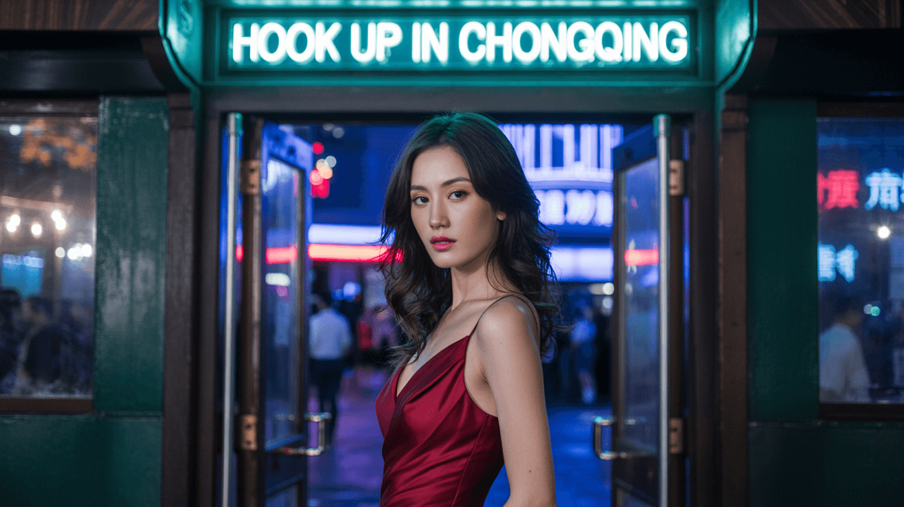 Beautiful girl from Chongqing in sexy dress in front of a nightclub that have a sign "Hook up in Chongqing