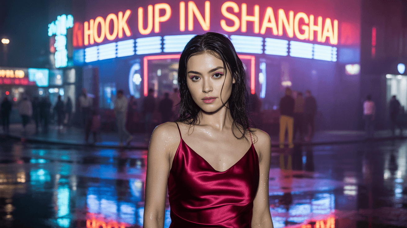 Beautiful girl from Shanghai in sexy dress in front of a nightclub that have a sign "Hook up in Shanghai"