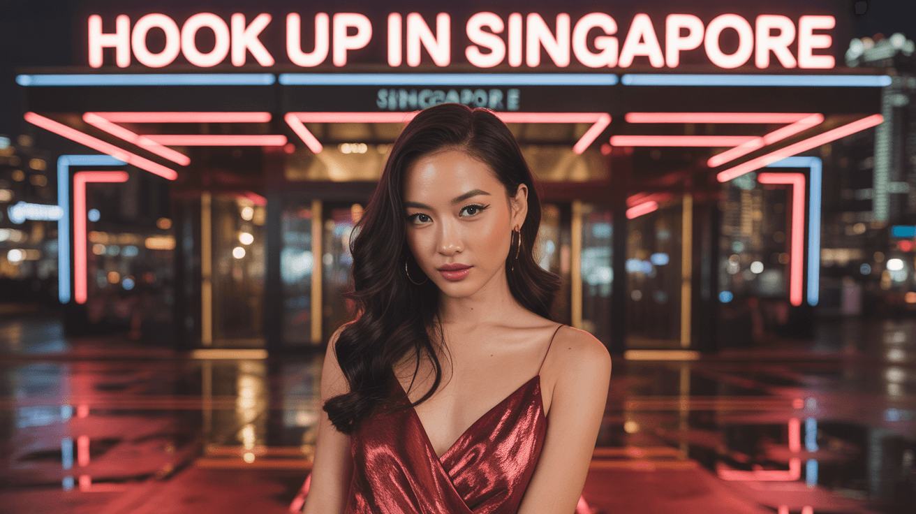 Beautiful girl from Singapore in sexy dress in front of a nightclub that have a sign "Hook up in Singapore"
