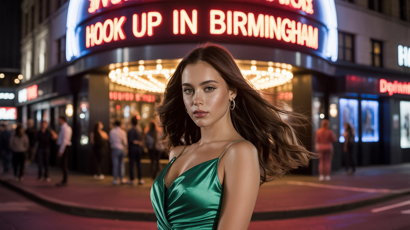 Beautiful girl from Birmingham in sexy dress in front of a nightclub that have a sign Hook up in Birmingham