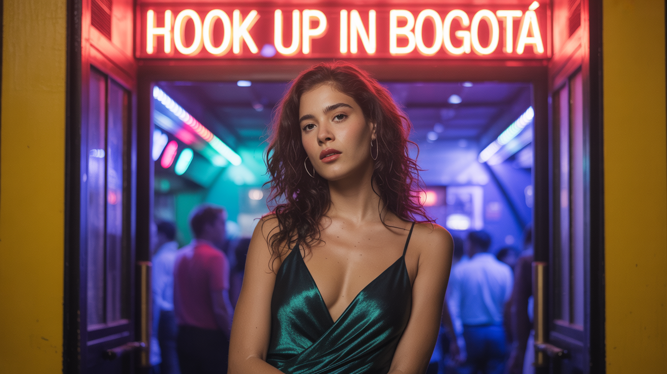 Beautiful girl from Bogotá in sexy dress in front of a nightclub that have a sign Hook up in Bogotá