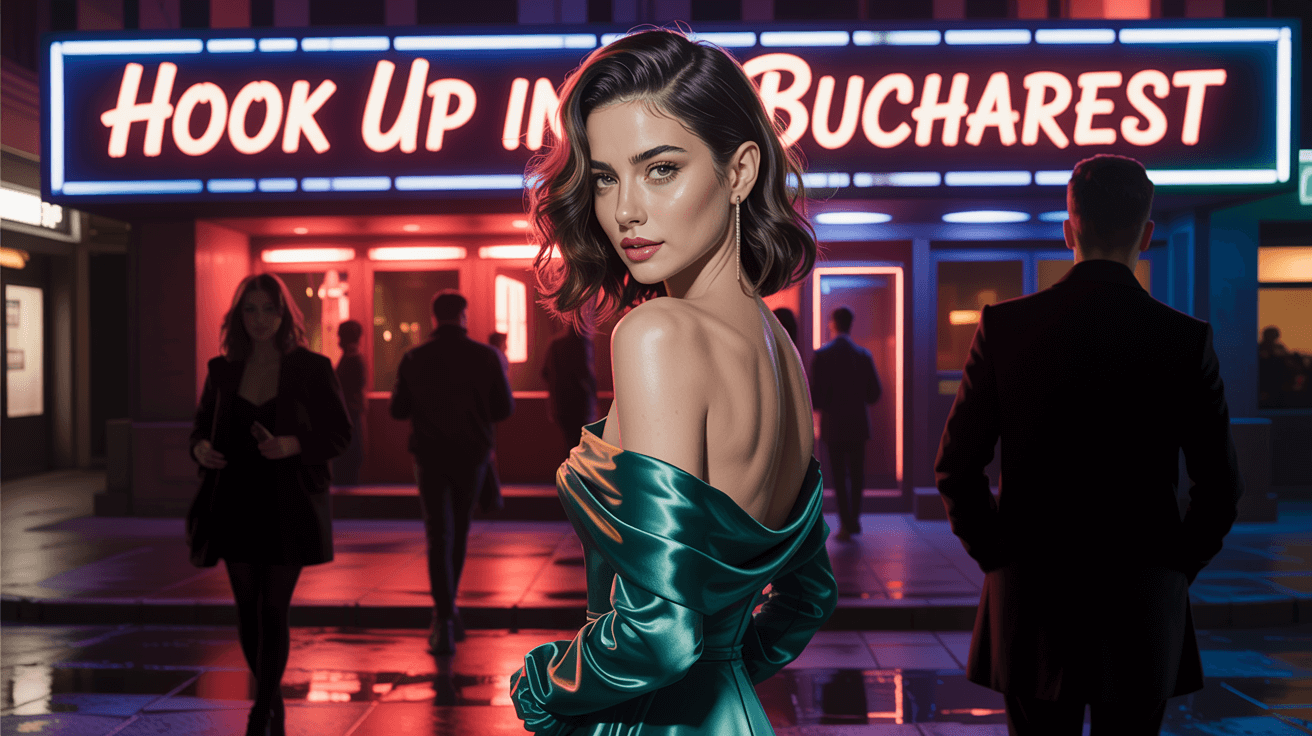 Beautiful girl from Bucharest in sexy dress in front of a nightclub that have a sign Hook up in Bucharest