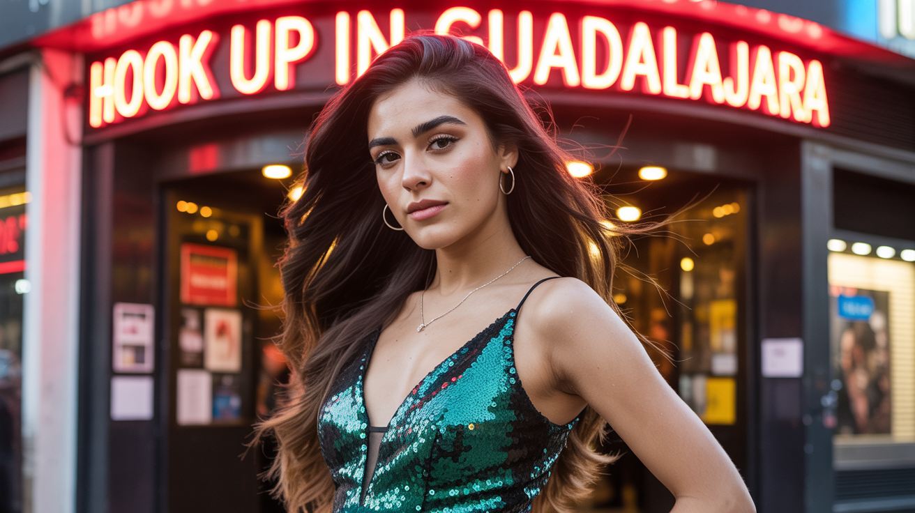 Beautiful girl from Guadalajara in sexy dress in front of a nightclub that have a sign Hook up in Guadalajara
