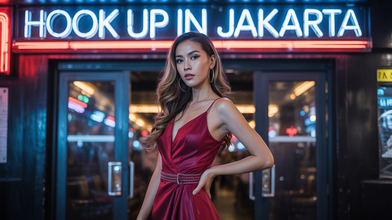 Beautiful girl from Jakarta in sexy dress in front of a nightclub that have a sign Hook up in Jakarta