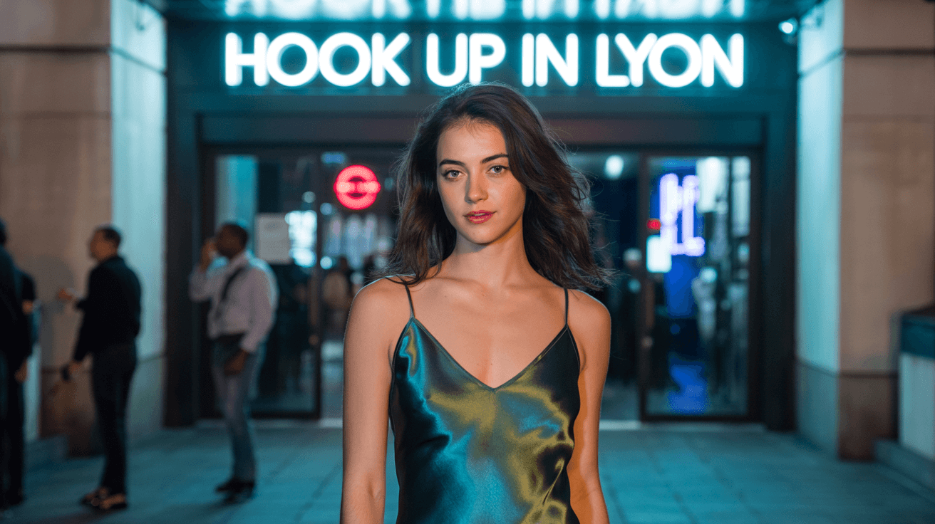 Beautiful girl from Lyon in sexy dress in front of a nightclub that have a sign Hook up in Lyon