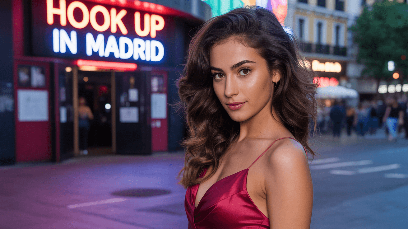 Beautiful girl from Madrid in sexy dress in front of a nightclub that have a sign Hook up in Madrid