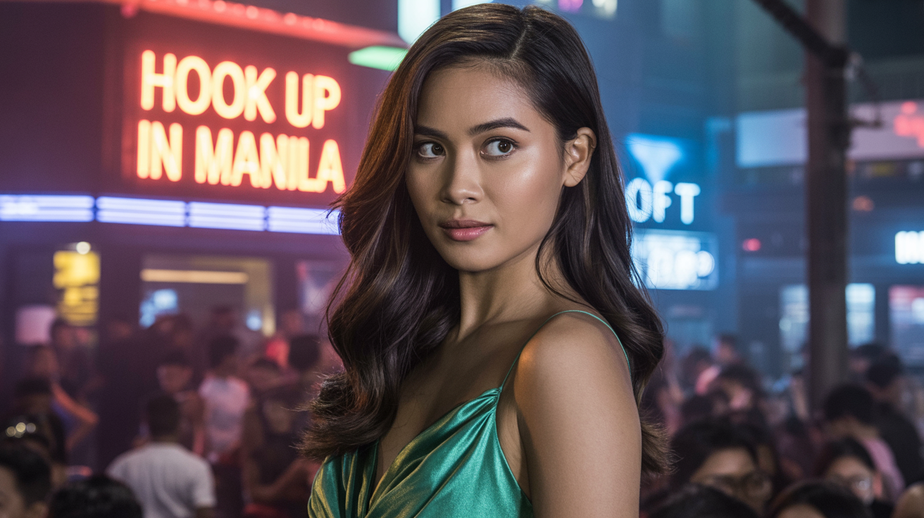 Beautiful girl from Manila in sexy dress in front of a nightclub that have a sign Hook up in Manila