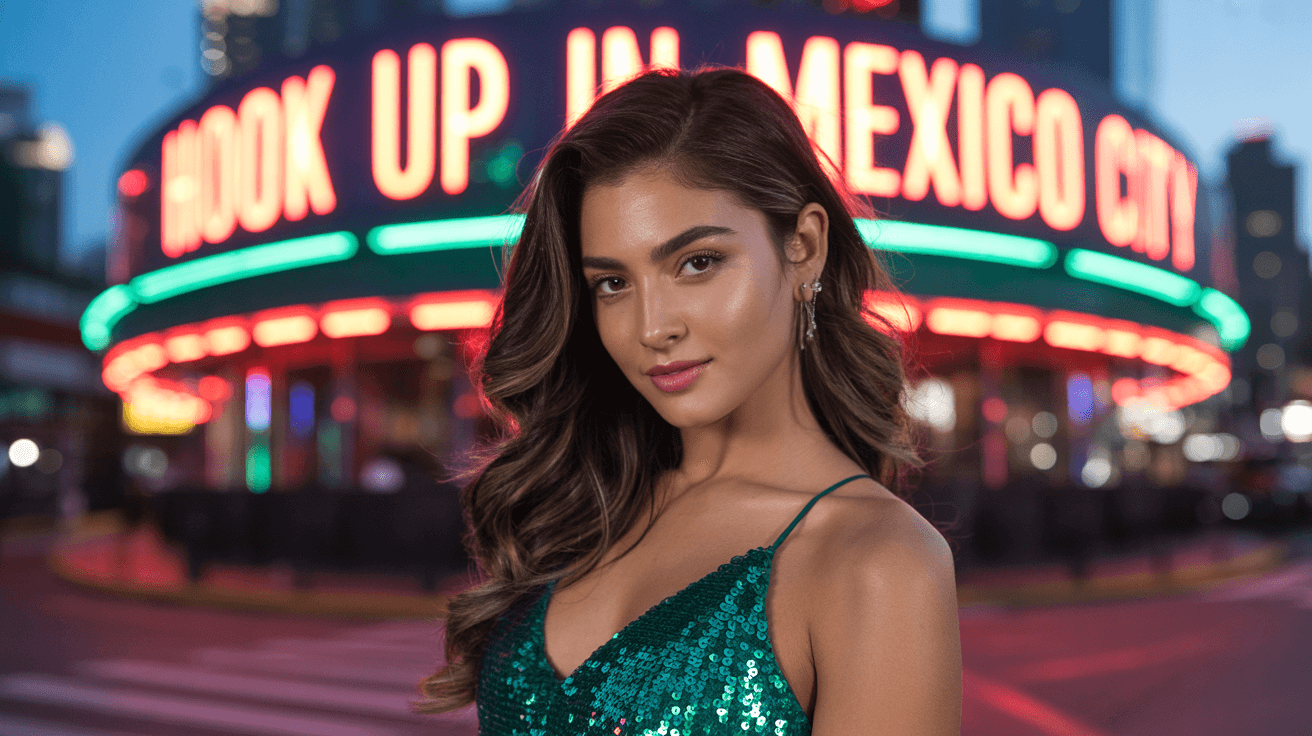 Beautiful girl from Mexico City in sexy dress in front of a nightclub that have a sign "Hook up in Mexico City"