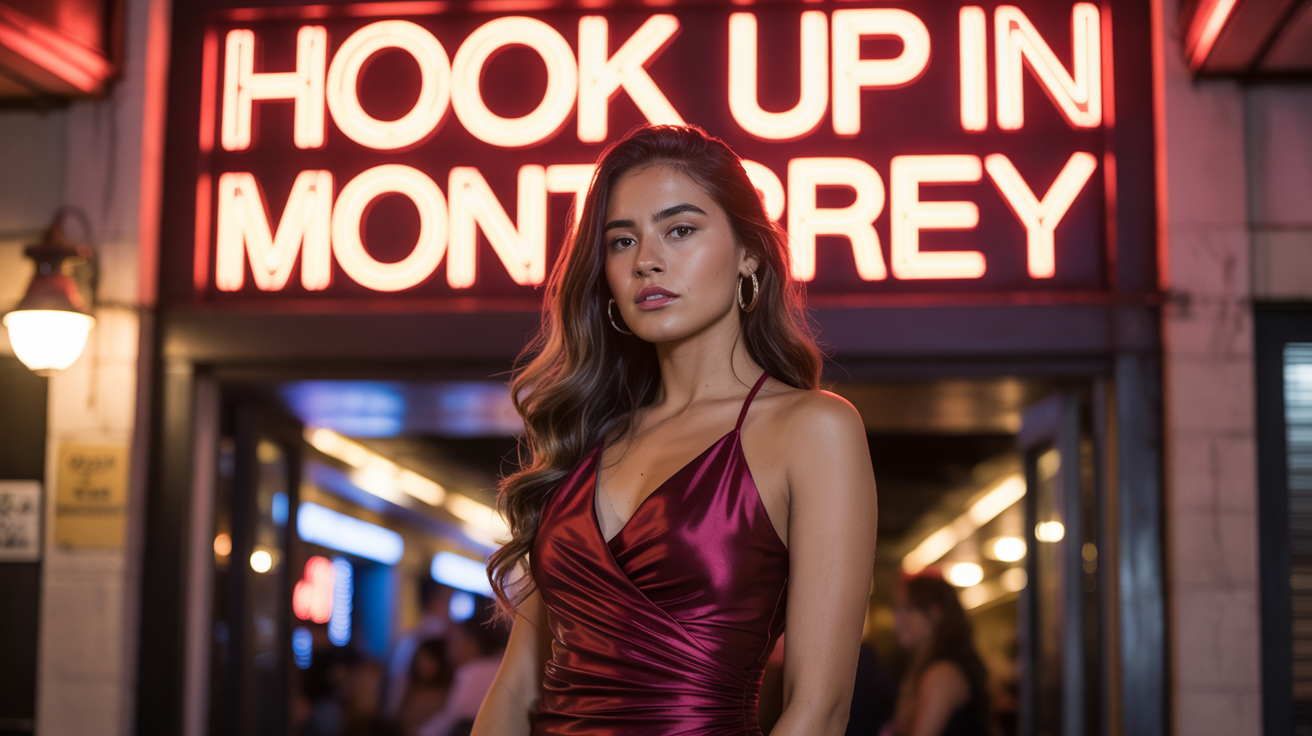 Beautiful girl from Monterrey in sexy dress in front of a nightclub that have a sign Hook up in Monterrey