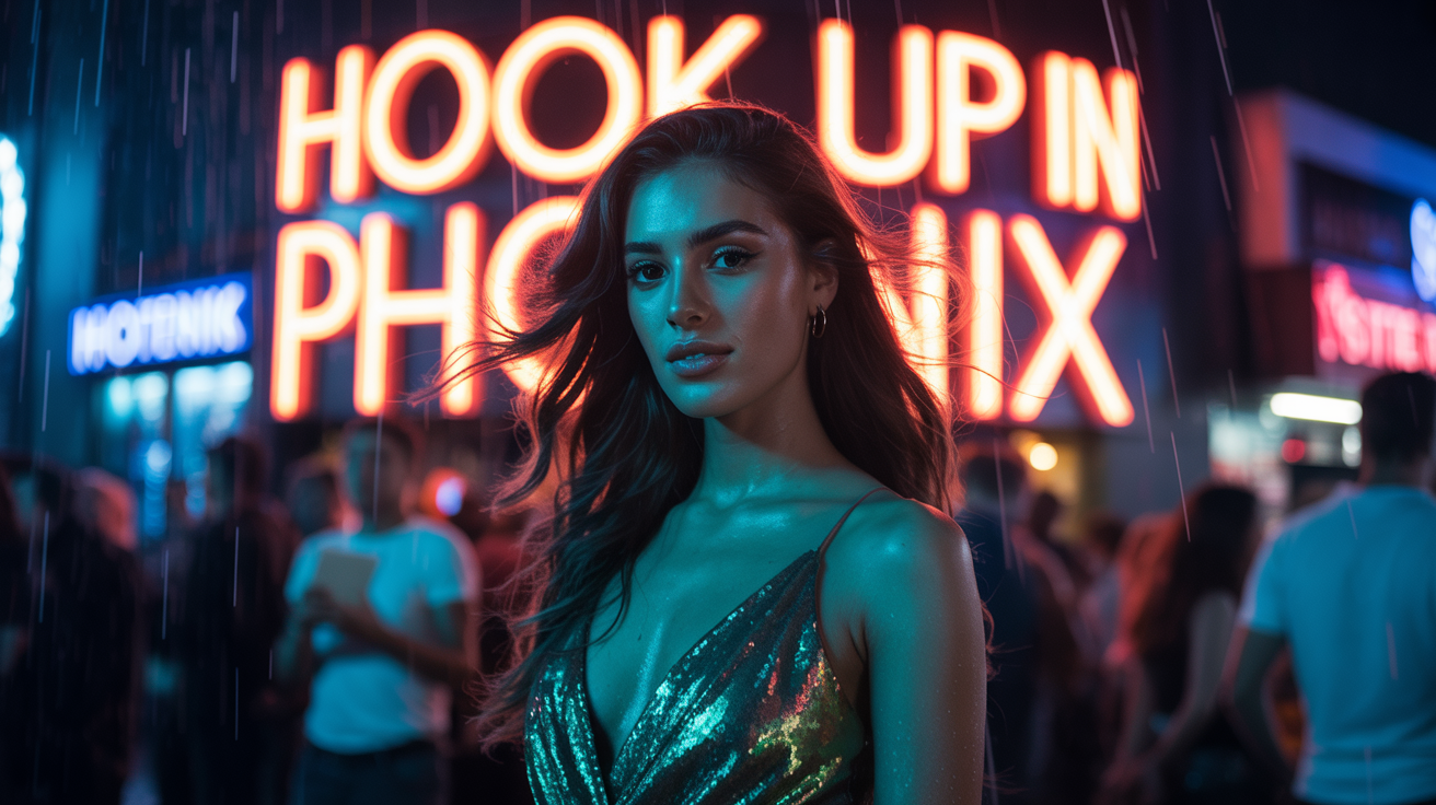 Beautiful girl from Phoenix in sexy dress in front of a nightclub that have a sign Hook up in Phoenix