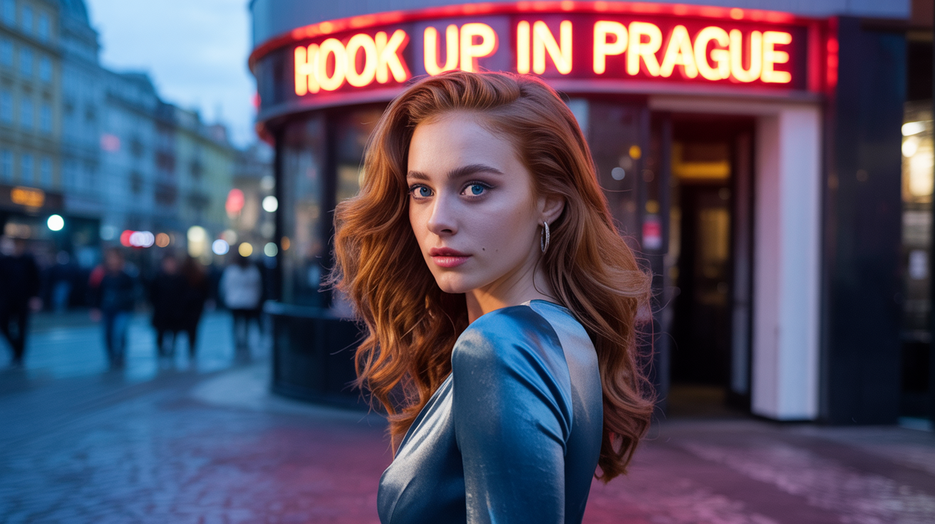 Beautiful girl from Prague in sexy dress in front of a nightclub that have a sign Hook up in Prague