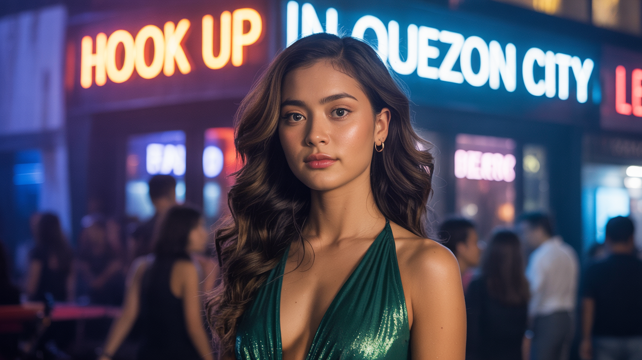 Beautiful girl from Quezon City in sexy dress in front of a nightclub that have a sign Hook up in Quezon City