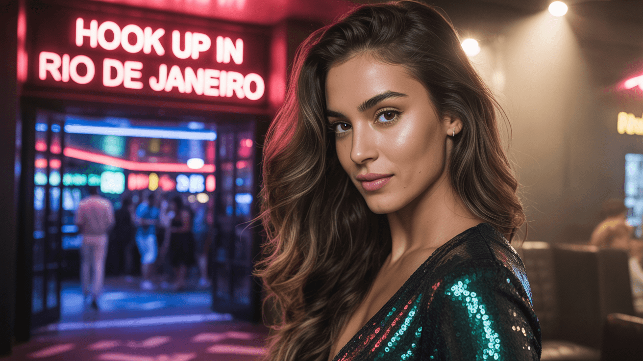 Beautiful girl from Rio de Janeiro in sexy dress in front of a nightclub that have a sign Hook up in Rio de Janeiro