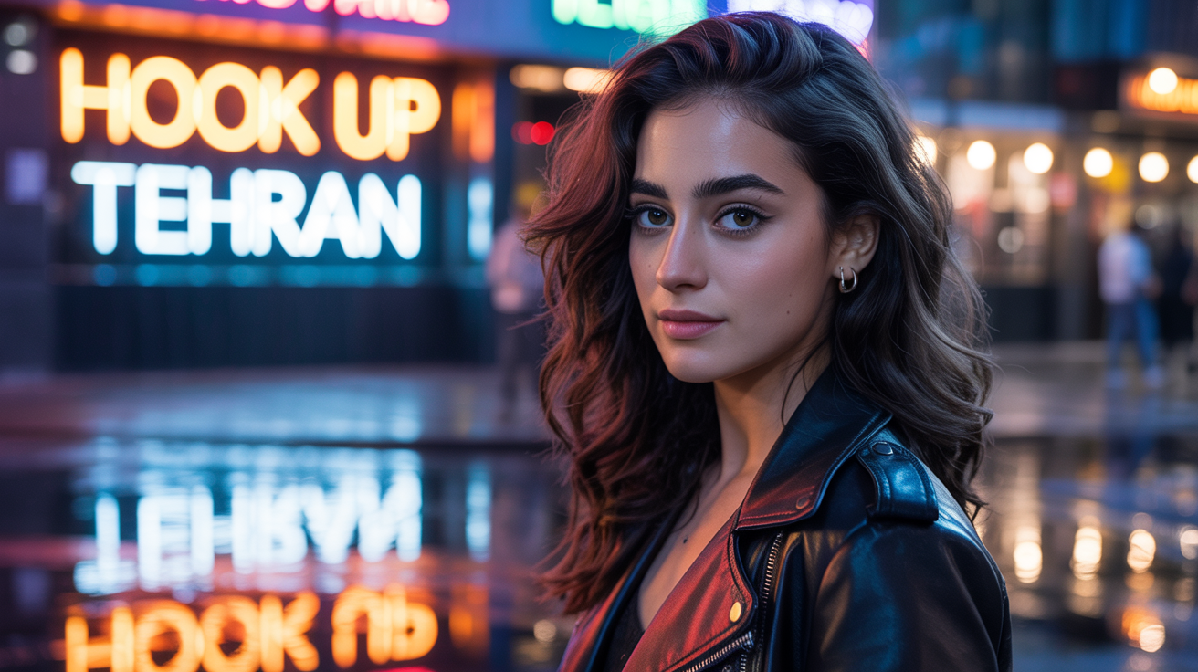 Beautiful girl from Tehran in front of a nightclub that have a sign Hook up in Tehran