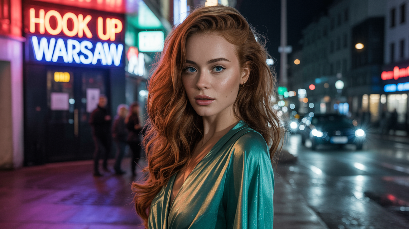 Beautiful girl from Warsaw in sexy dress in front of a nightclub that have a sign Hook up in Warsaw