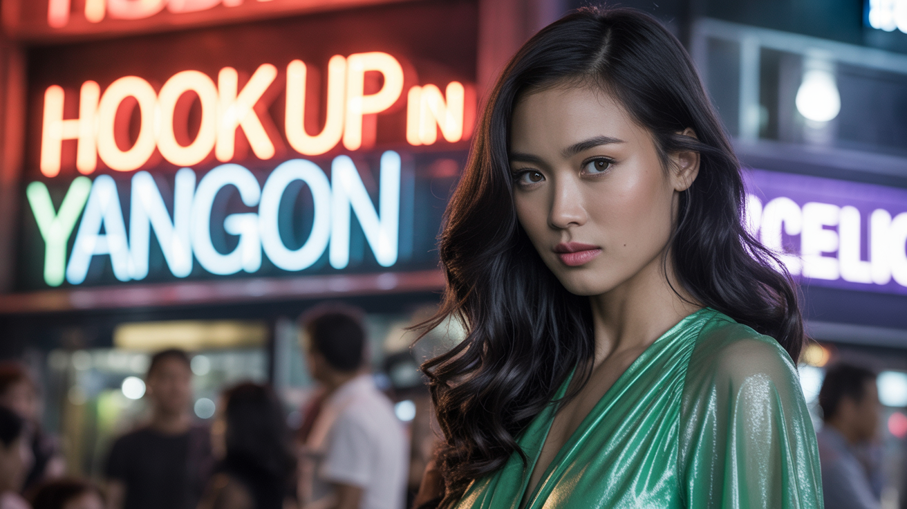 Beautiful girl from Yangon in sexy dress in front of a nightclub that have a sign Hook up in Yangon