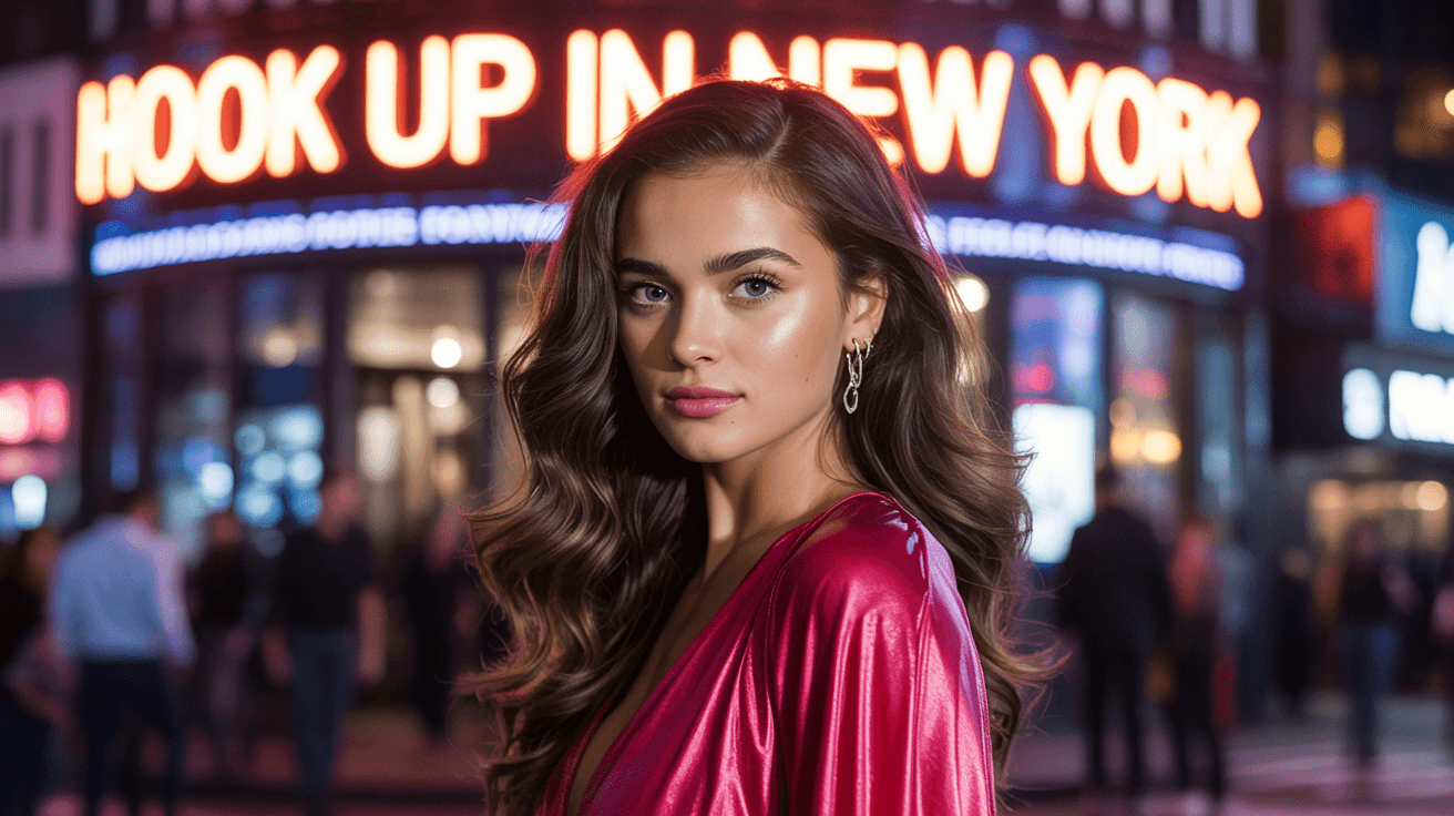 Beautiful girl from New York in sexy dress in front of a nightclub that have a sign "Hook up in New York"