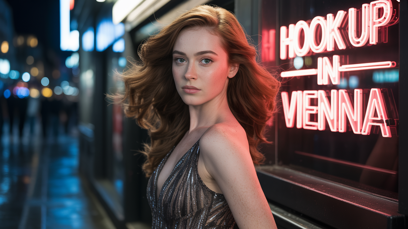 Beautiful girl from Vienna in sexy dress in front of a nightclub that have a sign Hook up in Vienna
