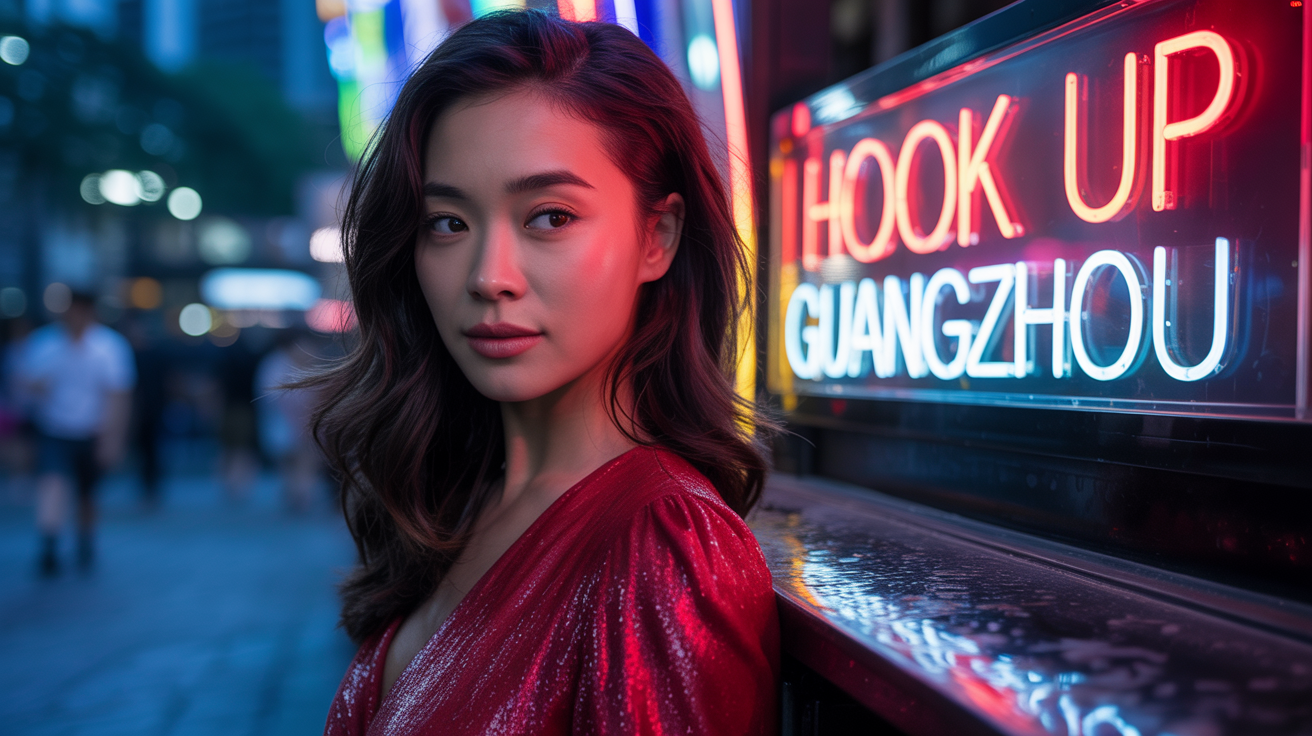 Beautiful girl from Guangzhou in sexy dress in front of a nightclub that have a sign Hook up in Guangzhou