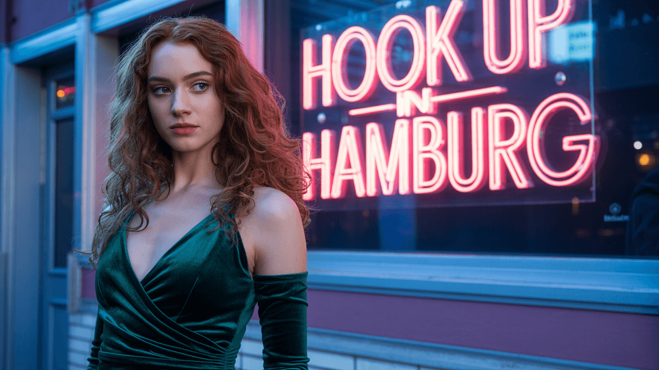 Beautiful girl from Hamburg in sexy dress in front of a nightclub that have a sign Hook up in Hamburg