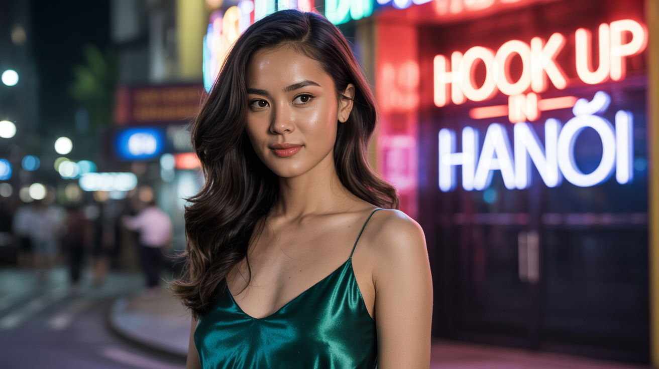 Beautiful girl from Hanoi in sexy dress in front of a nightclub that have a sign Hook up in Hanoi