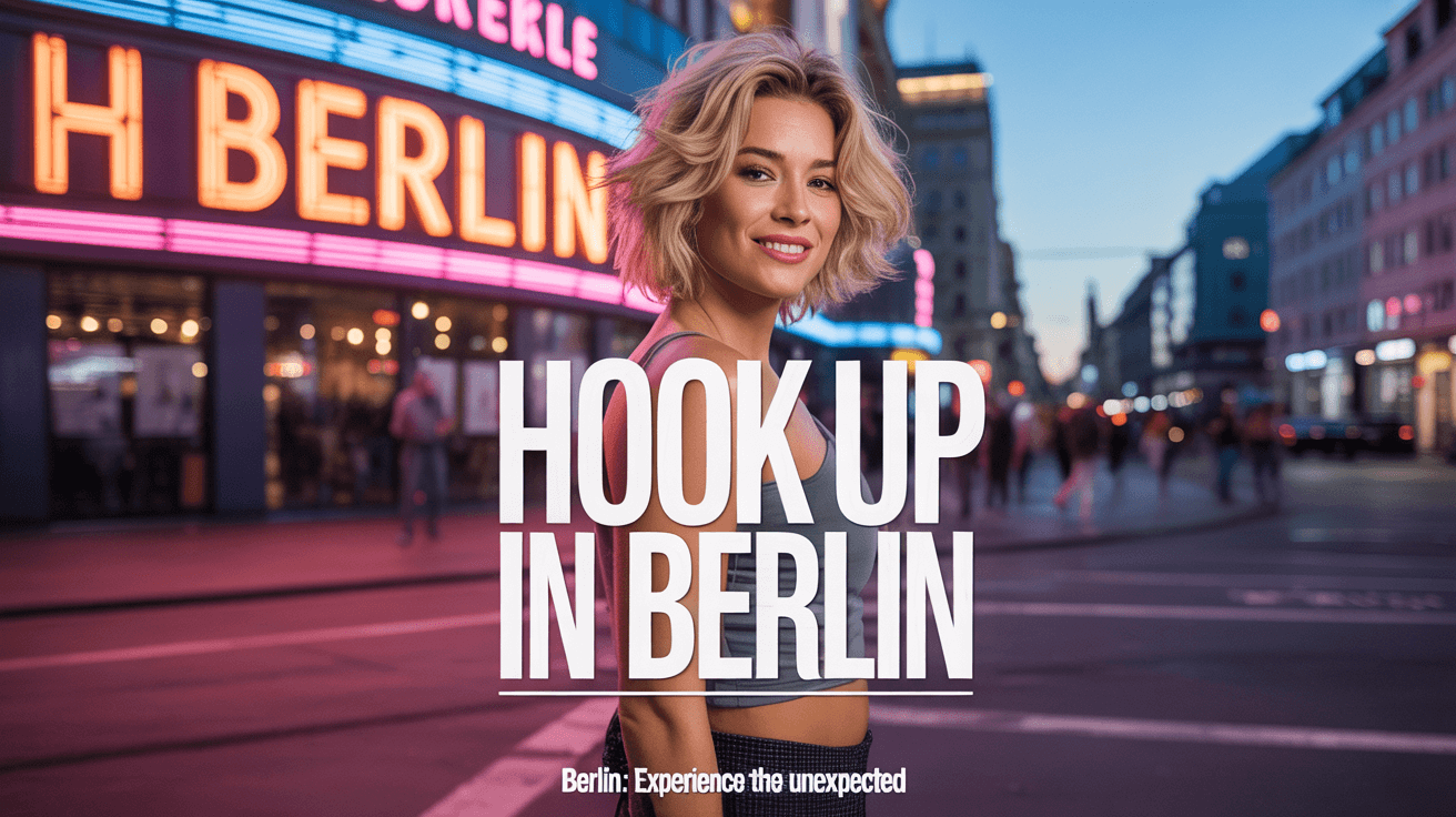 A berlin girl, in front there is a sign Hook up in Berlin