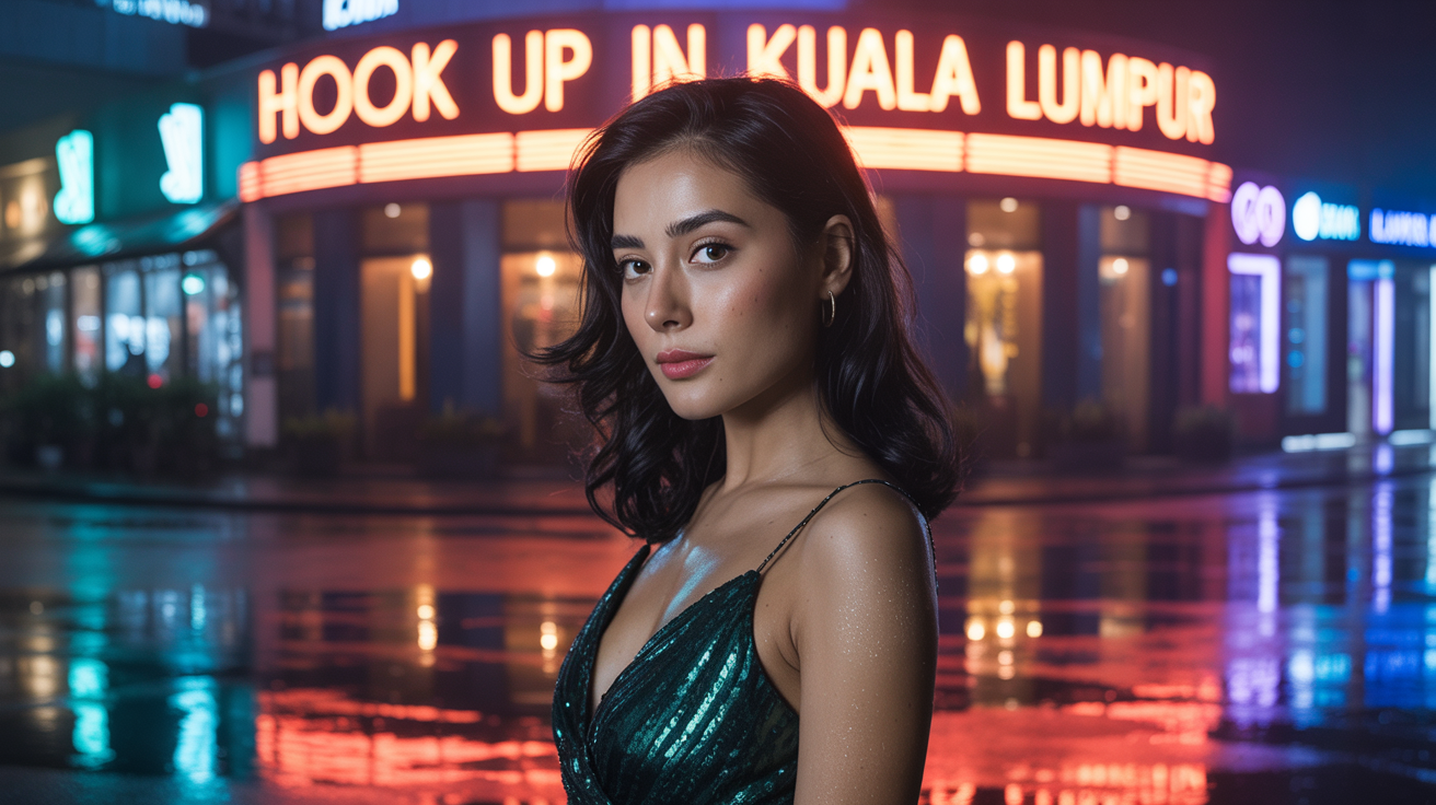 Beautiful girl from Kuala Lumpur in sexy dress in front of a nightclub that have a sign Hook up in Kuala Lumpur