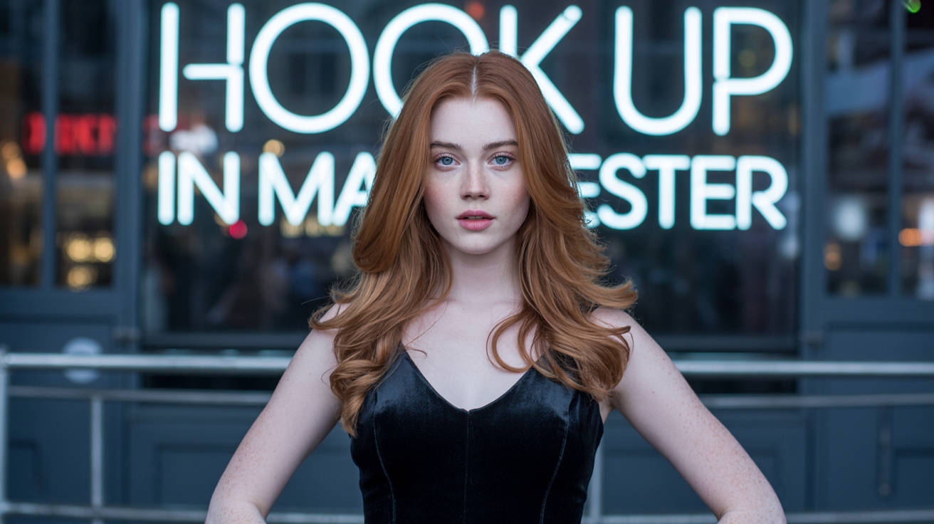 Beautiful girl from Manchester in sexy dress in front of a nightclub that have a sign Hook up in Manchester