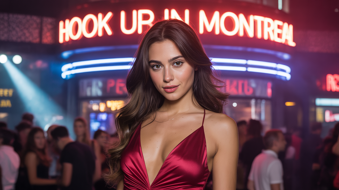 Beautiful girl from Montreal in sexy dress in front of a nightclub that have a sign Hook up in Montreal