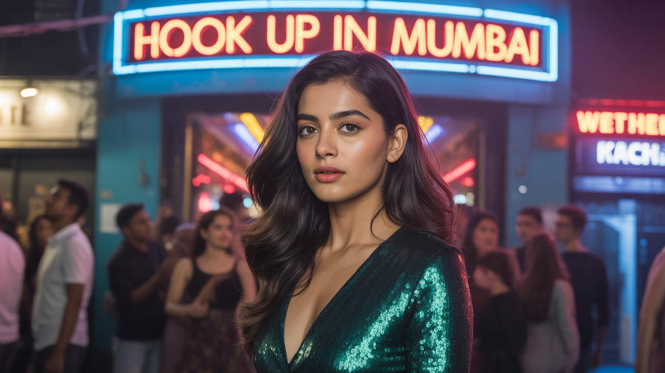 Beautiful girl from Mumbai in sexy dress in front of a nightclub that have a sign Hook up in Mumbai