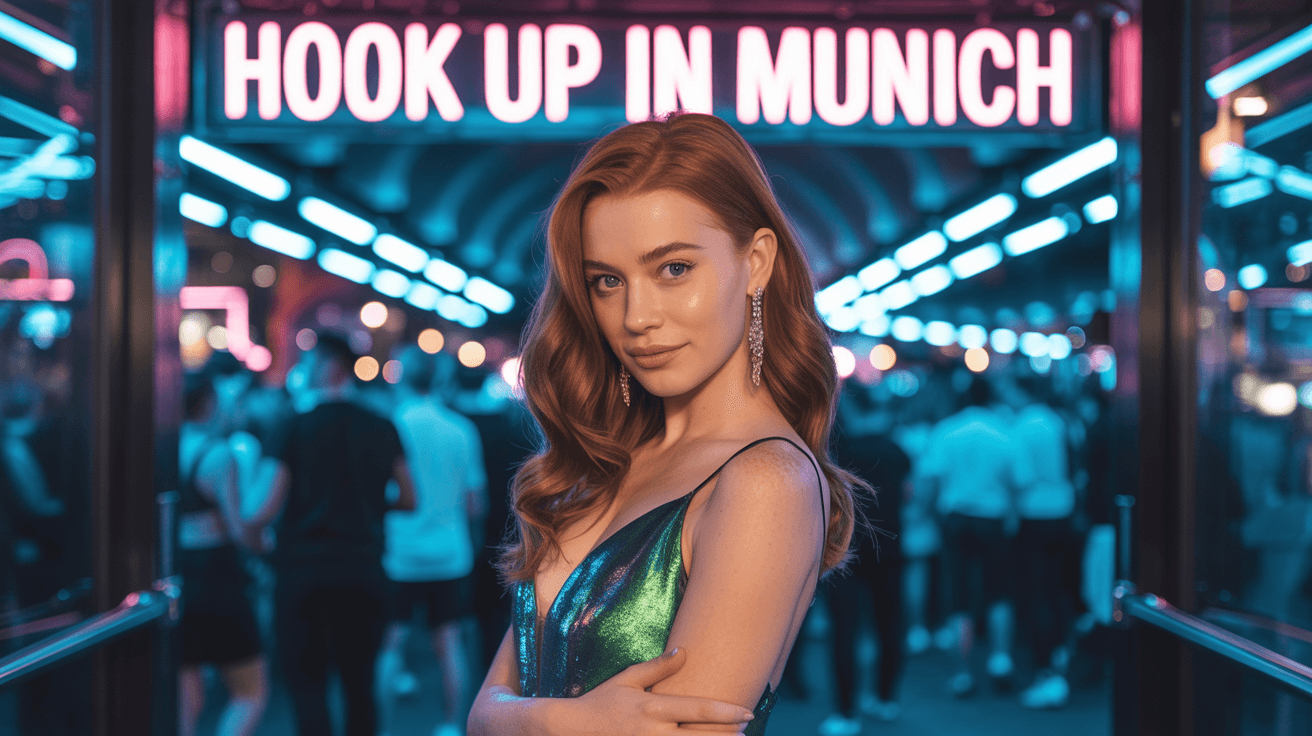 Beautiful girl from Munich in sexy dress in front of a nightclub that have a sign Hook up in Munich