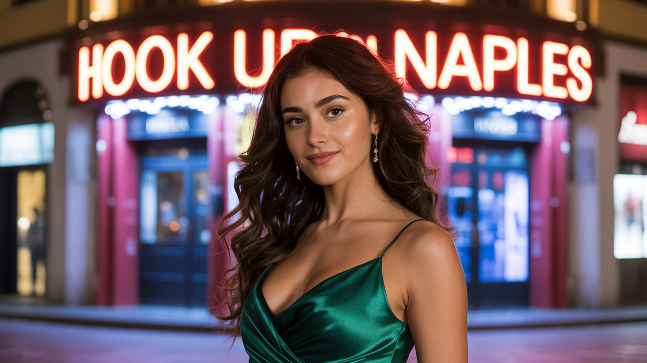Beautiful girl from Naples in sexy dress in front of a nightclub that have a sign Hook up in Naples