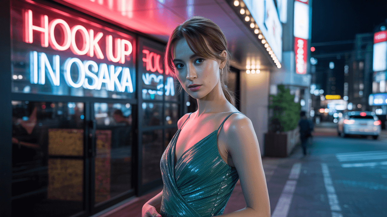 Beautiful girl from Osaka in sexy dress in front of a nightclub that have a sign Hook up in Osaka