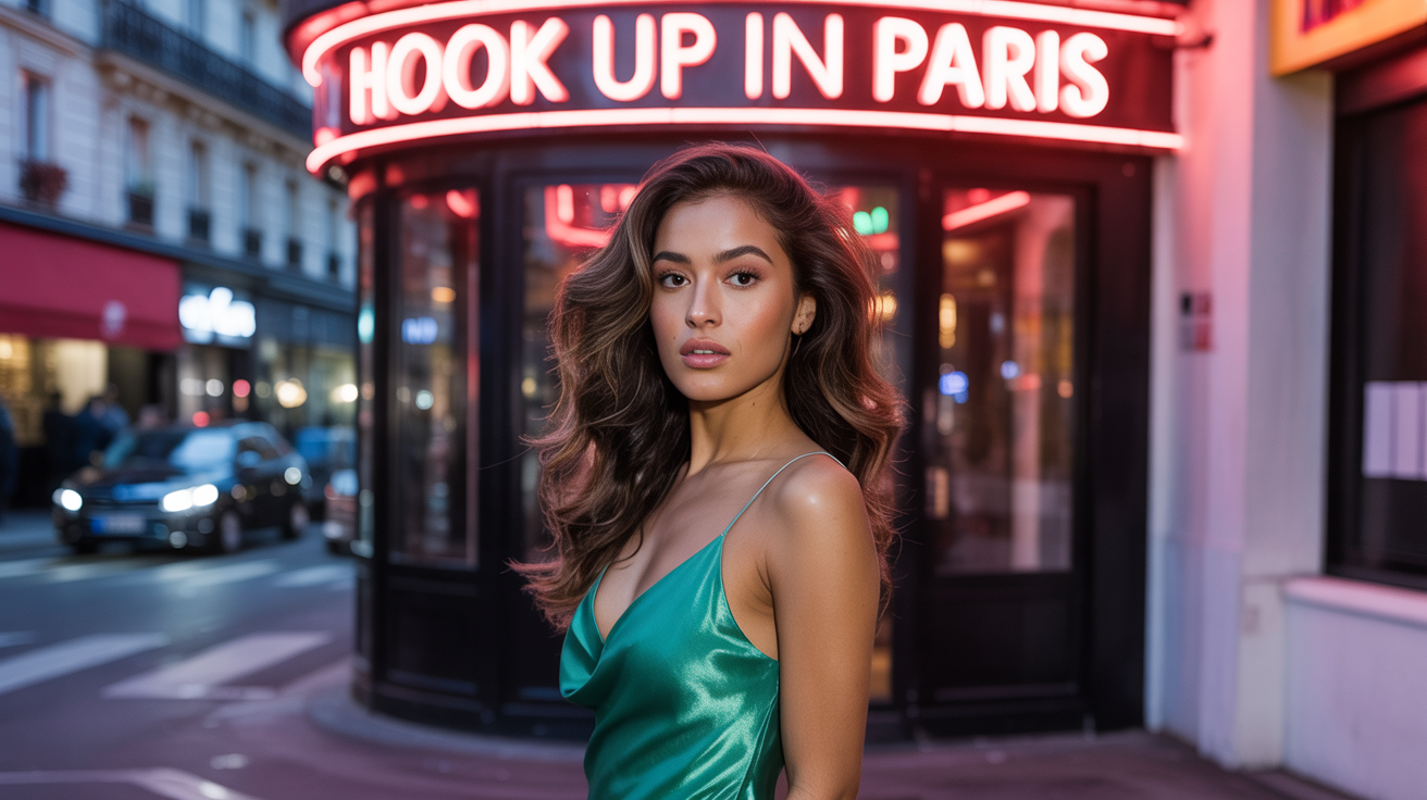 Beautiful girl from Paris in sexy dress in front of a nightclub that have a sign Hook up in Paris
