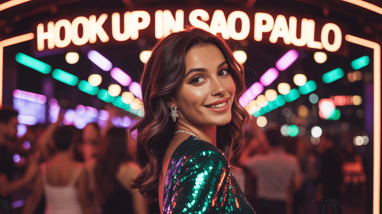 Beautiful girl from Sao Paulo in sexy dress in front of a nightclub that have a sign "Hook up in Sao Paulo"