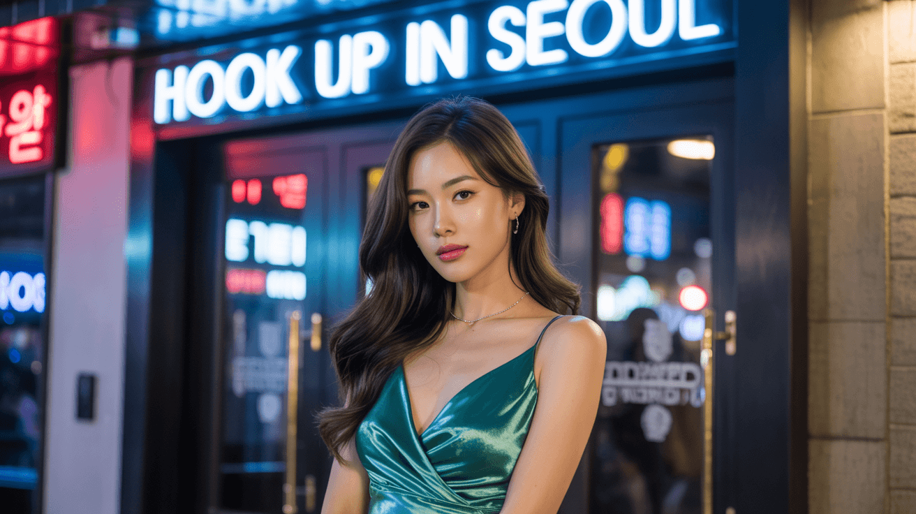 Beautiful girl from Seoul in sexy dress in front of a nightclub that have a sign Hook up in Seoul