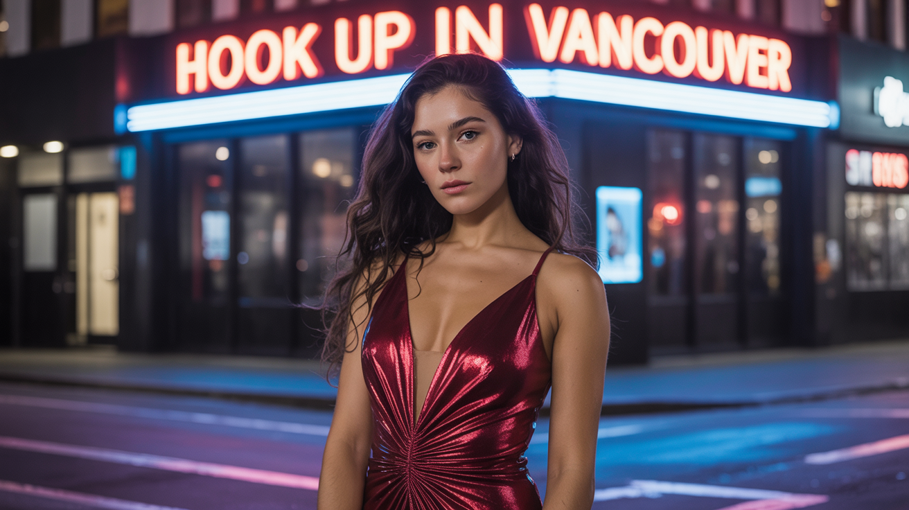 Beautiful girl from Vancouver in sexy dress in front of a nightclub that have a sign Hook up in Vancouver