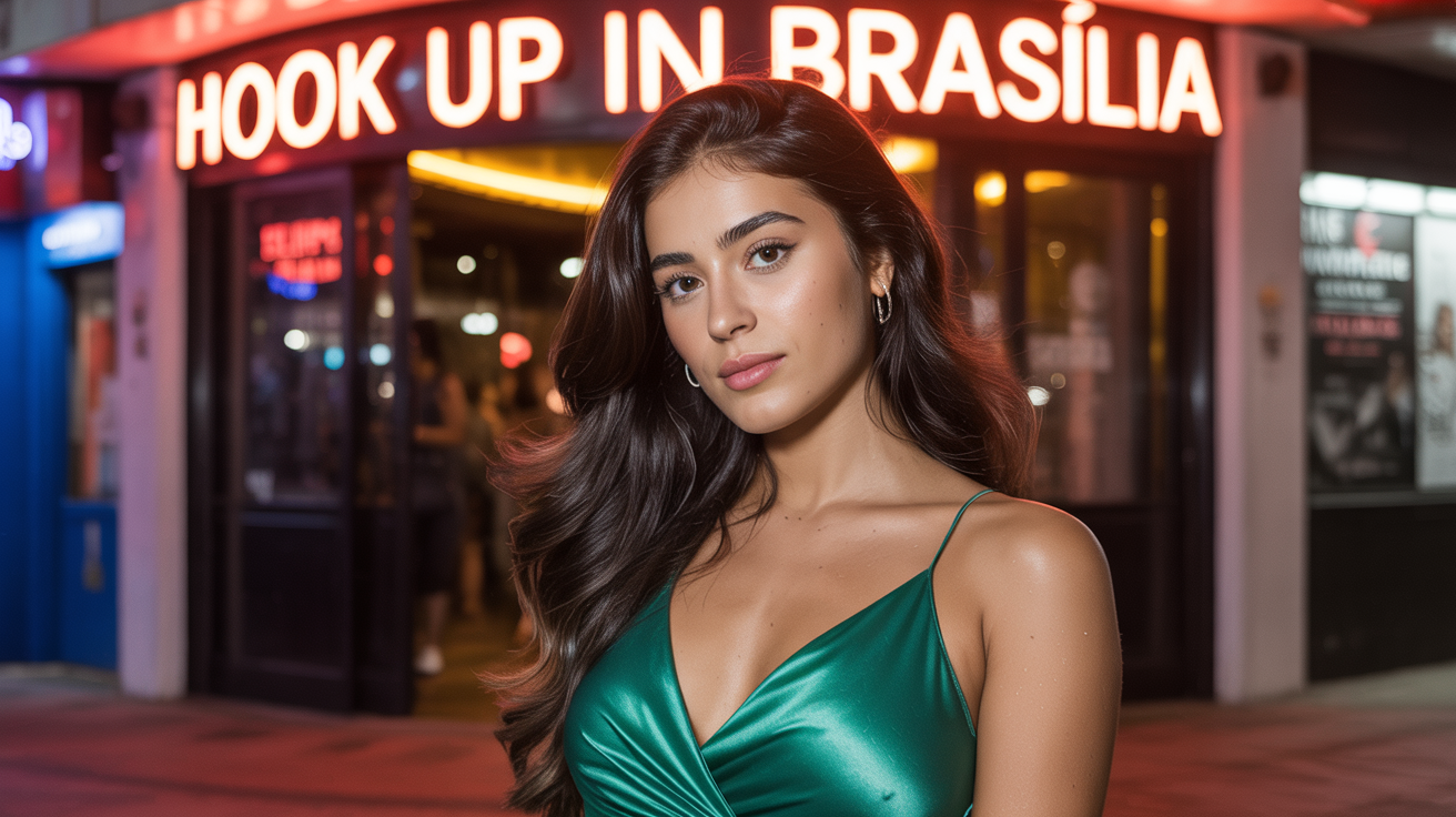 Beautiful girl from Brasília in sexy dress in front of a nightclub that have a sign Hook up in Brasília